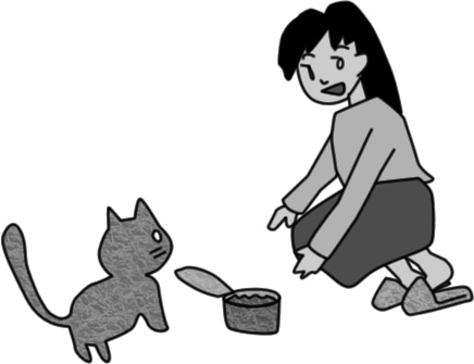 猫にエサを与える女性のイラスト画像