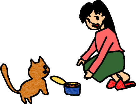 猫にエサを与える女性のイラスト画像