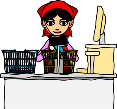 スーパーのレジ作業をする女性店員のイラスト画像