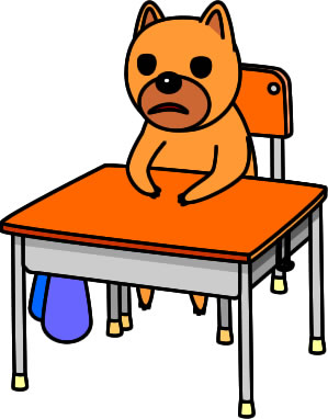 イヌが机に座っている様子のイラスト画像