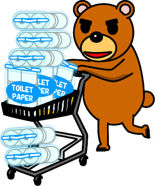 トイレットペーパーを買占め、買い溜めするクマのイラスト画像
