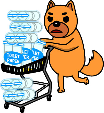 トイレットペーパーを買占め、買い溜めするイヌのイラスト画像