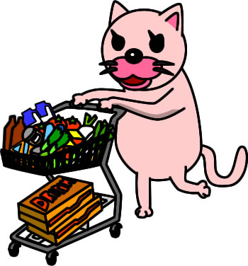 食品を大量買いするネコのイラスト画像
