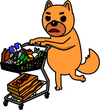 食品を大量買いするイヌのイラスト画像