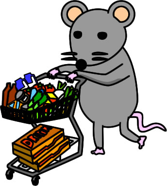 食品を大量買いするネズミのイラスト画像