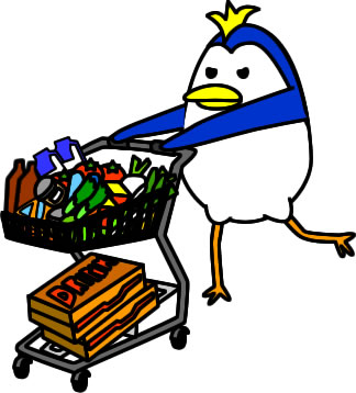 食品を大量買いするペンギンのイラスト画像