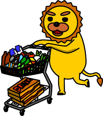 食品を大量買いするライオンのイラスト画像
