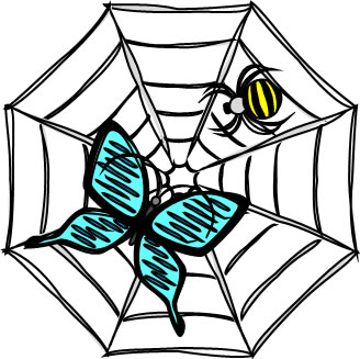 クモとクモの巣にかかった蝶のイラスト画像