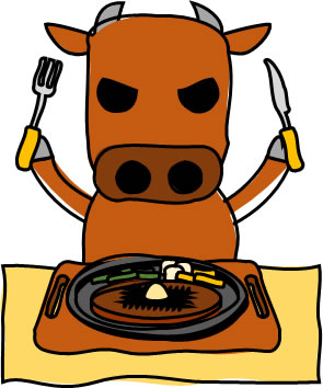 肉料理を食べる牛のイラスト画像1
