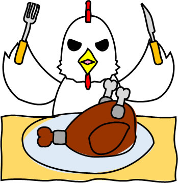 鶏肉、卵料理を食べるニワトリのイラスト画像1