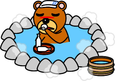 温泉でお酒を飲んでいるクマのイラスト画像
