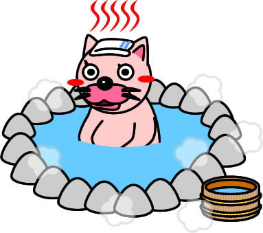 温泉でリラックスしているネコのイラスト画像