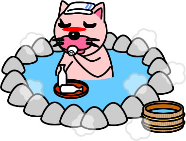 温泉でお酒を飲んでいるネコのイラスト画像