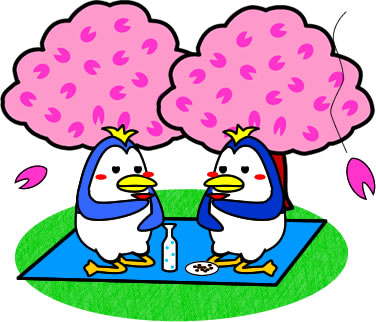 二人で花見をするペンギンのイラスト画像