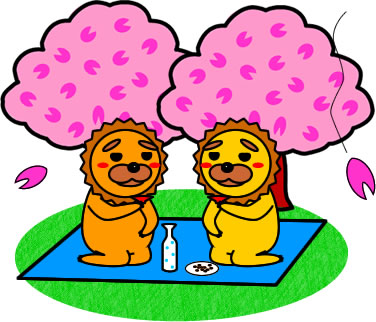 二人で花見をするライオンのイラスト画像