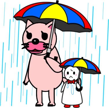 テルテル坊主と傘をさすネコのイラスト画像