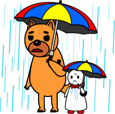 テルテル坊主と傘をさすイヌのイラスト画像