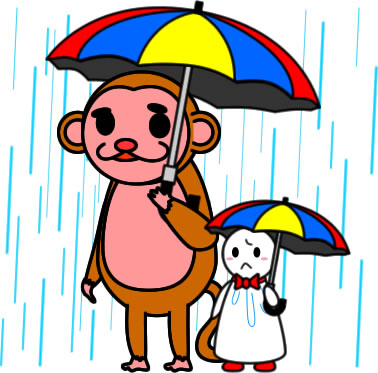 テルテル坊主と傘をさすサルのイラスト画像