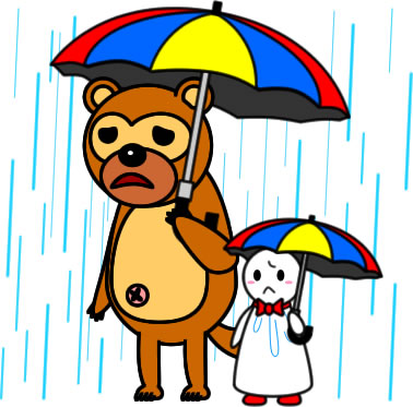 テルテル坊主と傘をさすタヌキのイラスト画像
