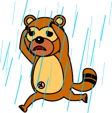 雨の中を走るタヌキのイラスト画像