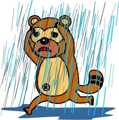 ゲリラ豪雨にやられるタヌキのイラスト画像