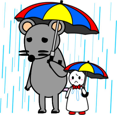 テルテル坊主と傘をさすネズミのイラスト画像