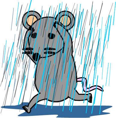 ゲリラ豪雨にやられるネズミのイラスト画像