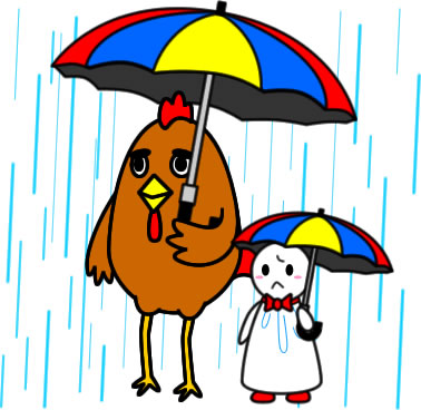 テルテル坊主と傘をさすニワトリのイラスト画像