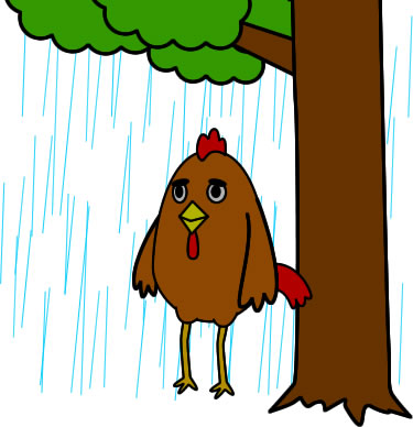 雨宿りするニワトリのイラスト画像