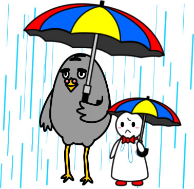 テルテル坊主と傘をさすハトのイラスト画像