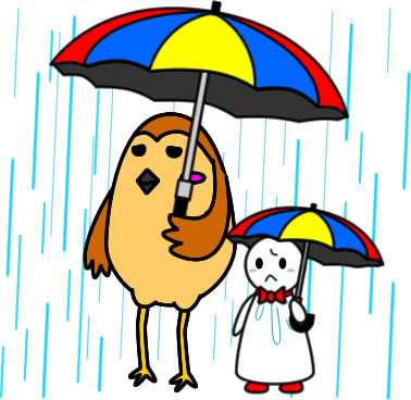 テルテル坊主と傘をさすスズメのイラスト画像