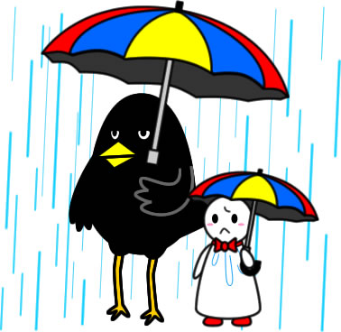 テルテル坊主と傘をさすカラスのイラスト画像