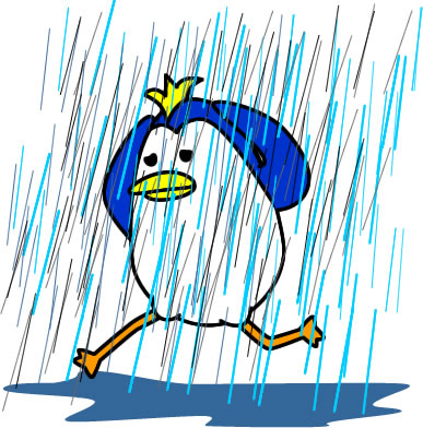 ゲリラ豪雨にやられるペンギンのイラスト画像