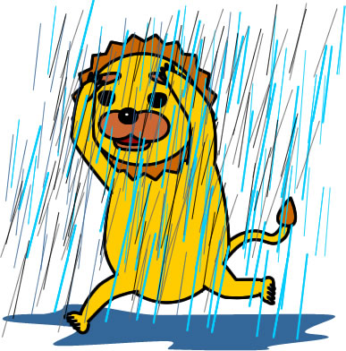 ゲリラ豪雨にやられるライオンのイラスト画像