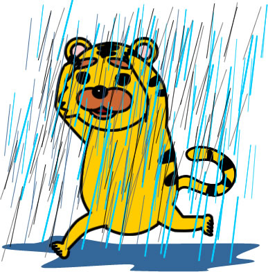 ゲリラ豪雨にやられるトラのイラスト画像