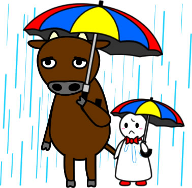 テルテル坊主と傘をさすウシのイラスト画像