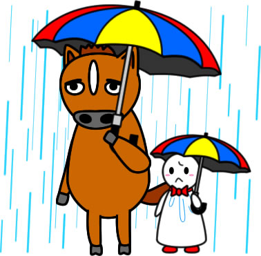 テルテル坊主と傘をさすウマのイラスト画像