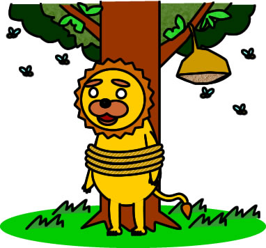 木に縛られるライオンのイラスト画像