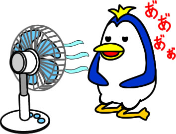 扇風機で涼むペンギンのイラスト画像