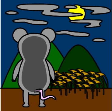 おぼろ月を見つめるネズミのイラスト画像