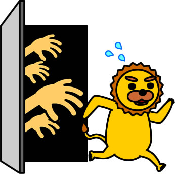 無数の手から逃げるライオンのイラスト画像