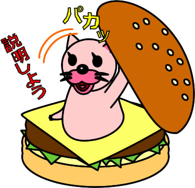 ハンバーガーにはさまるネコのイラスト画像