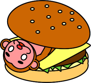 ハンバーガーにはさまるサルのイラスト画像