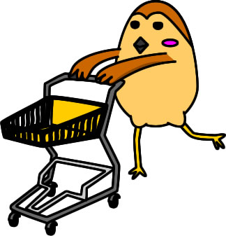 ショッピングカートを押すスズメのイラスト画像